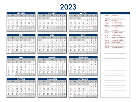 holiday calendar 2023 pakistan